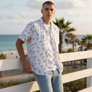 Forever 21 White and Blue Bird Print Shirt